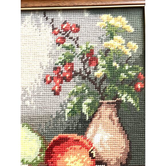 Framed needlepoint tapestry depicting a still-life scene. - Picture 3 of 6